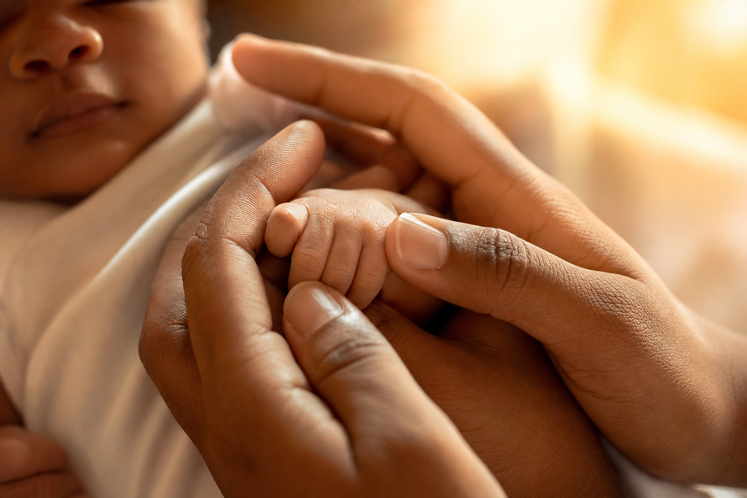 Names That Mean Light: 55+ Radiant Picks for Your Baby 16 A parent's hands cradling a newborn's tiny hand in soft golden light