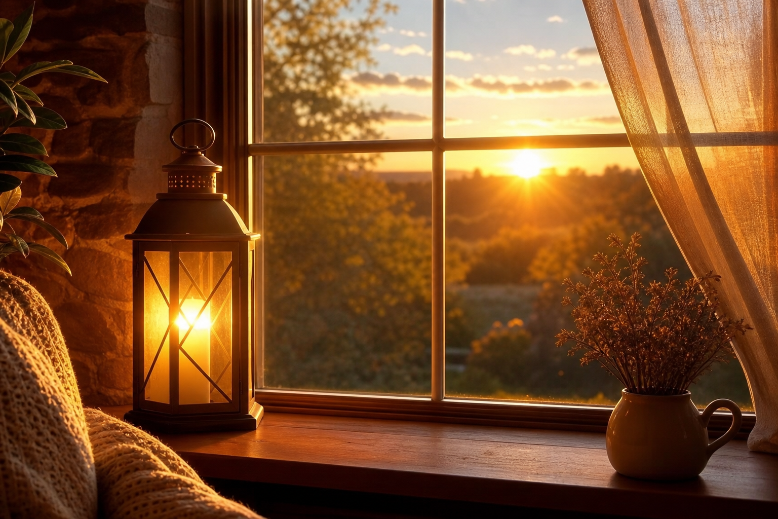 Names That Mean Light: 55+ Radiant Picks for Your Baby 17 A warm lantern glowing on a windowsill at first light of dawn