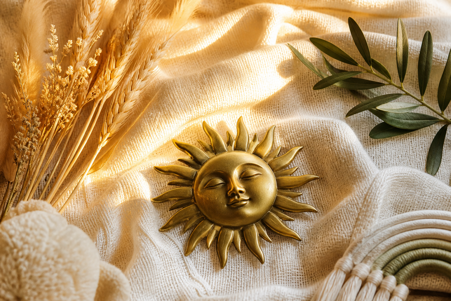 Names That Mean Light: 55+ Radiant Picks for Your Baby 18 A soft sunlit flat-lay with a small golden sun ornament and a cream baby blanket