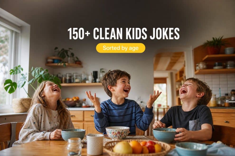 Kids jokes — three children laughing together around the kitchen table after a punchline