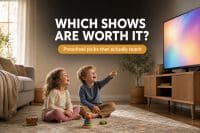 The Best Educational Shows for Preschoolers Right Now 5 Educational shows for preschoolers — two preschoolers on a rug watching a show together in warm morning light