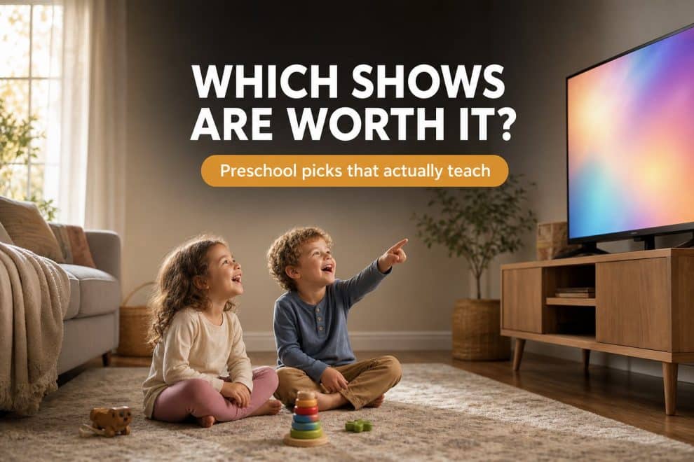 Educational shows for preschoolers — two preschoolers on a rug watching a show together in warm morning light