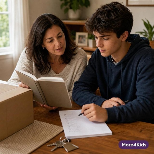 Life Skills for Older Teens: The Adulting Checklist Before They Launch (Ages 16-18) 16 Parent and older teen reviewing an unbranded life-skills guide and a simple moving checklist at a dining table