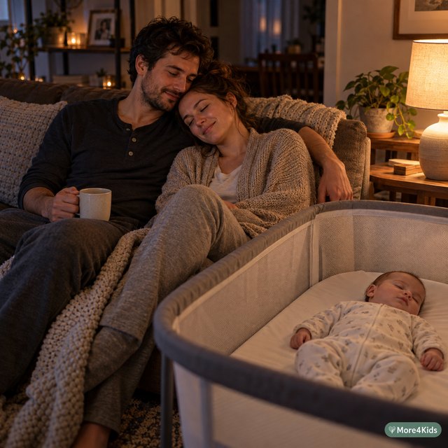 How Pregnancy Changes Marriage 17 A couple sitting close together on a couch at night with a sleeping baby nearby, warm candid editorial scene
