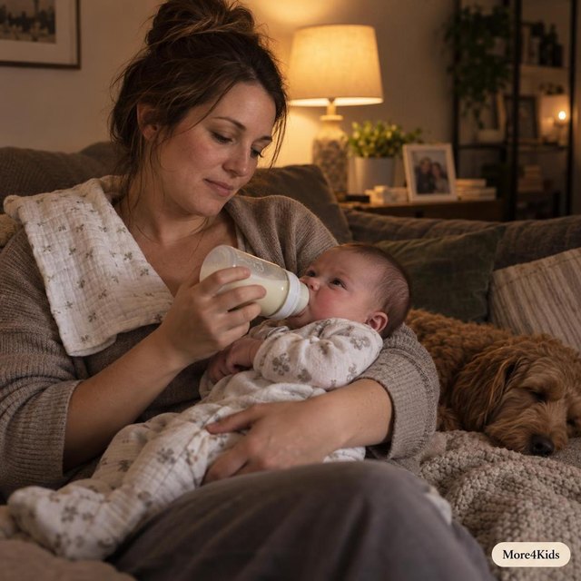 Baby Colic - Causes and Treatment 16 A tired but caring parent bottle-feeding a fussy baby in a dim, warm living room