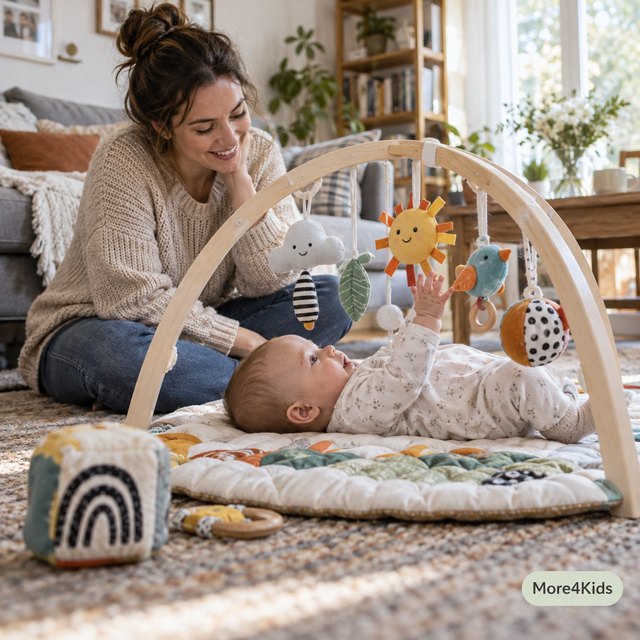 Baby Development - Why Play Matters 17 A baby lying on a play mat reaching up to swat colorful textured toys hanging from an activity gym while a parent watches nearby
