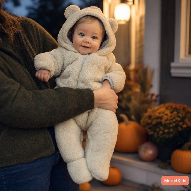 Family Halloween Costumes With Baby: What Actually Works With an Infant in the Mix 16 A baby in a soft fleece animal costume for family halloween costumes with baby, held by a parent on Halloween evening