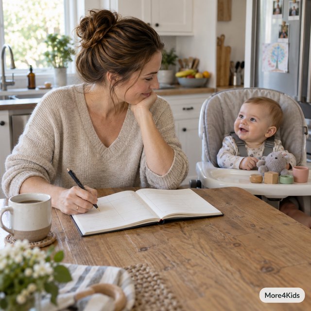 Choosing A Pediatrician For Your Baby 17 A parent writing in a babys health record book at the kitchen table with a baby nearby