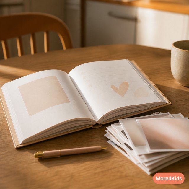 Baby Scrapbooking Ideas for Parents Who Will Never Finish a "Real" Scrapbook 16 A simple fill-in baby memory book open on a table beside a pen and a small stack of photos