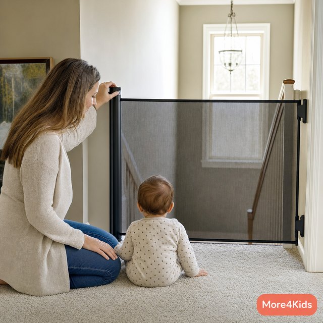 Baby Playpen and Play Yard Ideas for Where It Actually Earns Its Keep 20 A retractable mesh baby gate mounted across the top of a carpeted staircase, with a baby sitting safely on the landing side