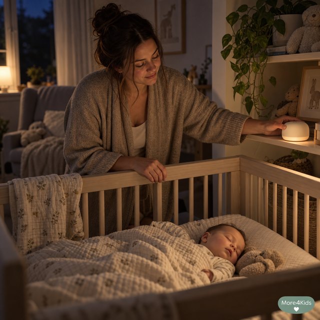 The Back to School Routine Reset — What Actually Works, by Age 17 Parent quietly setting a small sound machine on a nursery shelf beside a sleeping baby's crib