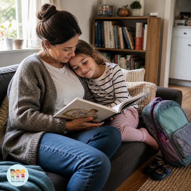 Kindergarten First Day Tips: What to Expect (And How to Make Drop-Off Easier) 16 A parent and elementary-age child reading together on a sofa with a packed school backpack nearby
