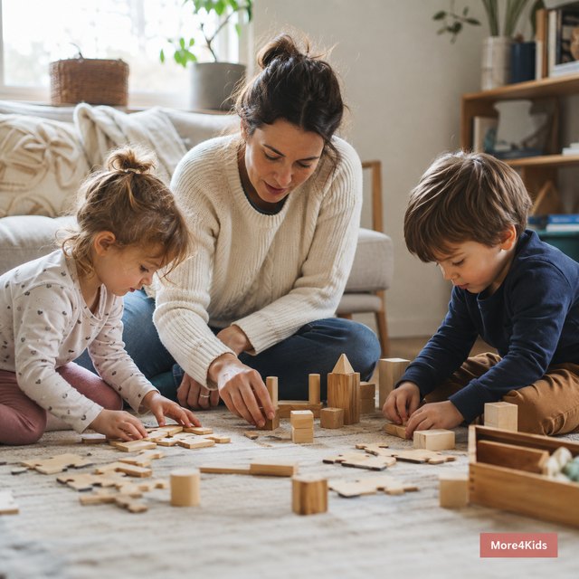 Toy Recalls to Know Before You Shop This Christmas 16 A parent and two children playing with simple battery-free blocks and puzzles on a living-room rug
