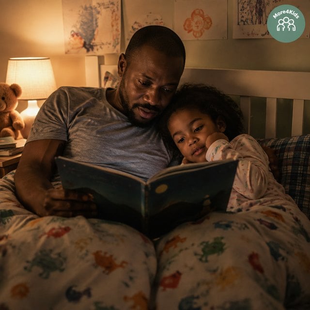 The Best Bedtime Stories for Kids, Grouped by Age 16 A parent reading an unbranded bedtime story to a child in a softly lit bedroom
