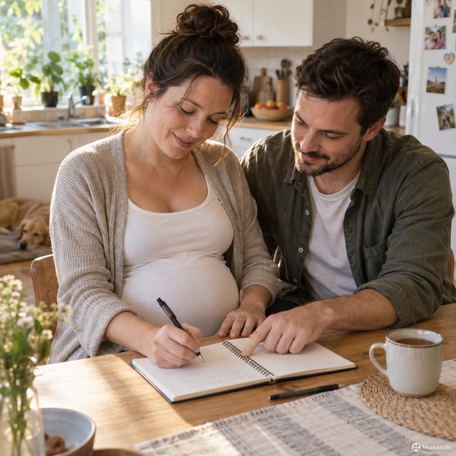 How to Create a Pregnancy Birth Plan 16 Expectant parent writing a birth plan in a notebook at a kitchen table with a cup of tea