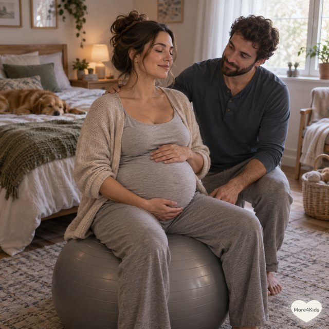 Do You Really Need Childbirth Classes? 16 A pregnant woman gently rocking on a birthing ball at home with a partner nearby