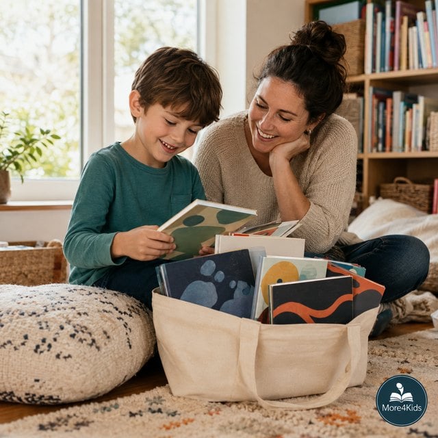 How to Encourage Kids to Read: Simple Ways They'll Love 16 Parent and child happily choosing from varied unbranded books together