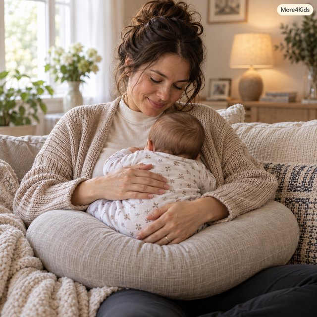 Breastfeeding and Tips for Increasing Milk Supply 17 A mother breastfeeding her baby while supported by a nursing pillow on the couch