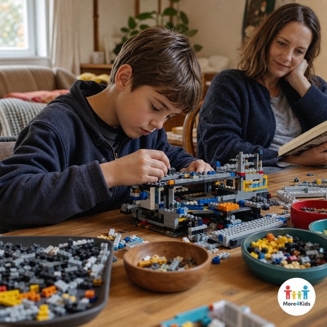 Christmas Gifts for 8 and 9 Year Olds 16 Eight-year-old working through a multi-stage unbranded building project at a family table