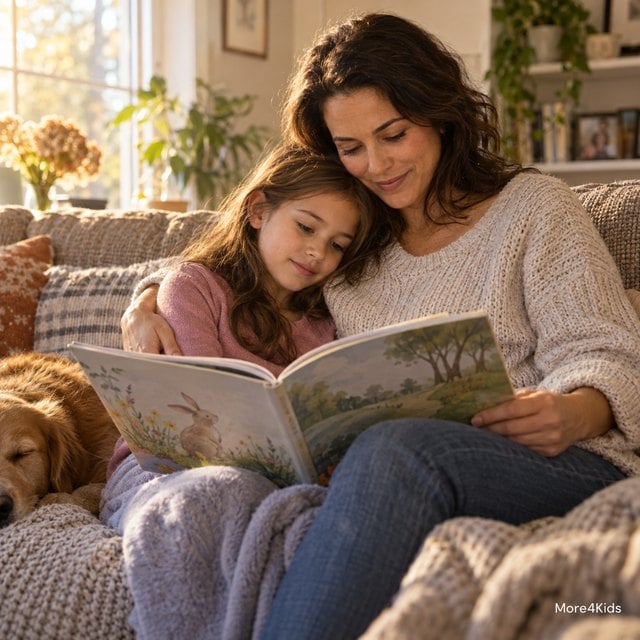 How to Help Your Child Deal With Bullying: 7 Steps That Work 16 A parent and child reading a picture book together on a couch, the child looking comforted