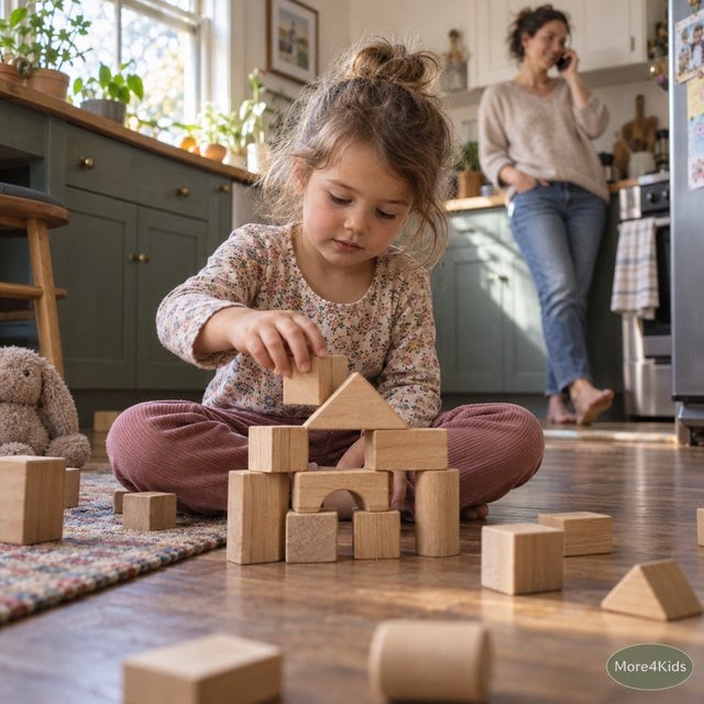 How to Stop Kids From Interrupting: 7 Calm Ways That Actually Work 16 A young child quietly playing with an activity kit on the floor while a parent talks on the phone nearby