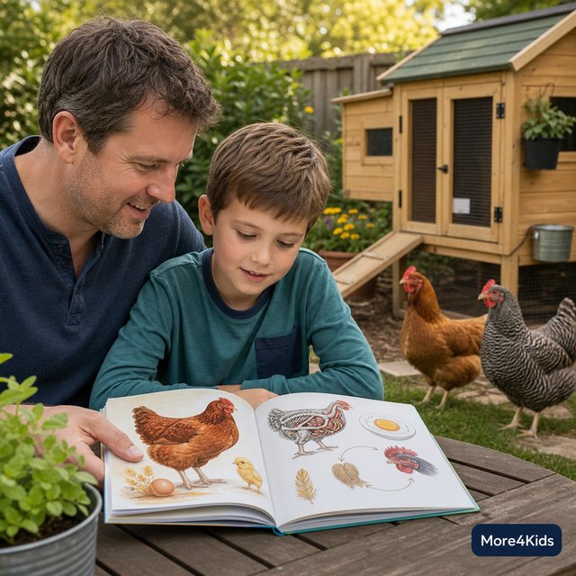 Can Chickens Fly? 5 Things That Explain Their Short Flights 16 Parent and school-age child reading an unbranded chicken science book near a backyard coop