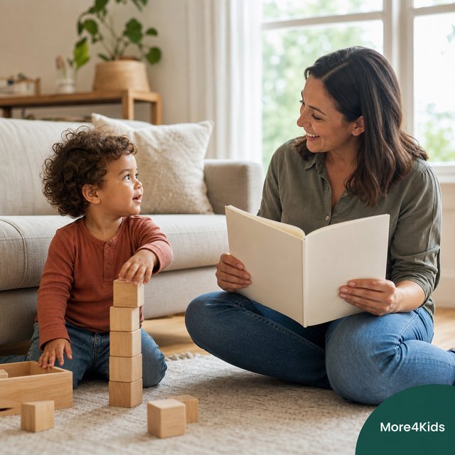 Flexible Parenting - Adapting To Your Changing Child 17 A parent reading an age-and-stage guide while watching a toddler play independently