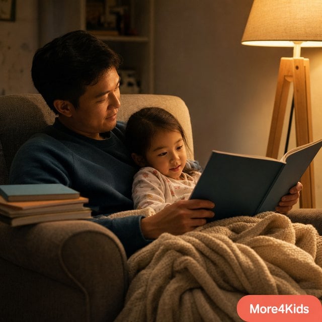 100 Whys: The Questions Kids Ask Most (and How to Answer Them) 22 A parent and a young child reading a picture book together under a blanket by lamplight at bedtime