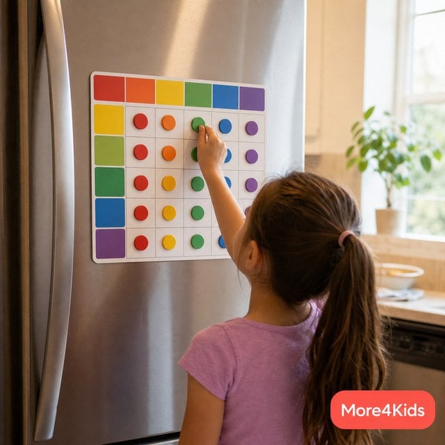 Life Skills for Older Teens: The Adulting Checklist Before They Launch (Ages 16-18) 20 A magnetic chore chart on a refrigerator with colorful task magnets and two children's names