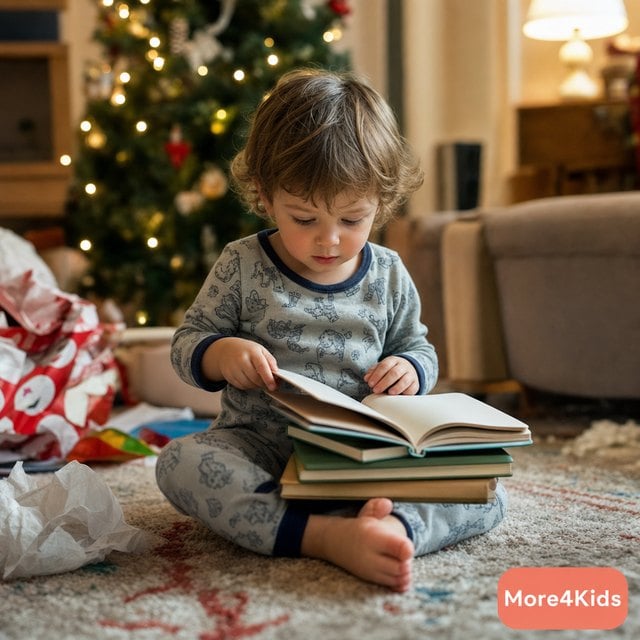 Christmas Gifts for Toddlers They'll Actually Play With 16 A toddler in pyjamas sitting on the rug by the Christmas tree, turning the pages of a thick board book