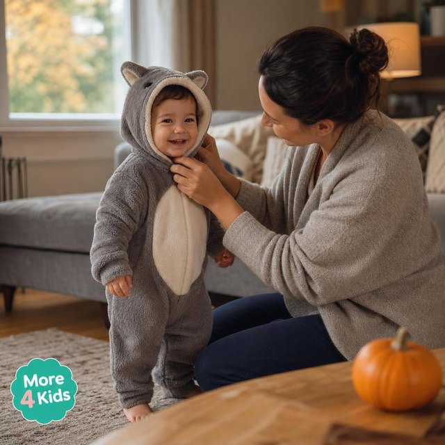 Parent helping a smiling toddler try on a soft animal-style Halloween onesie in a cozy living room