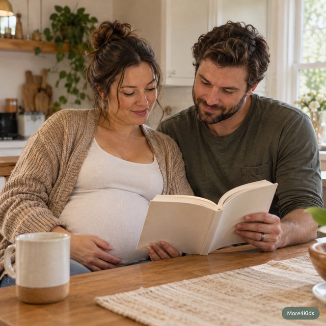 Cord Blood Banking - Is It Worth The Investment? 17 A pregnant woman and her partner reading a guidebook together at a kitchen table, calm editorial lighting