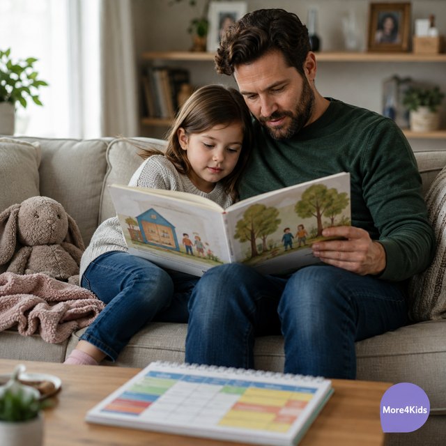 How to Talk to Kids About Divorce: Simple Calm Words They Need 16 A parent reading with a child beside a simple two-home family calendar