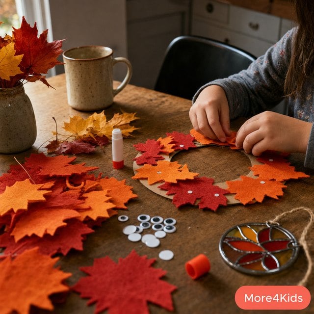 Fall Activities for Kids: 17 Cozy Outdoor and Indoor Ideas 16 Children's hands assembling a paper maple-leaf wreath and pumpkin craft kit on a kitchen table in autumn light