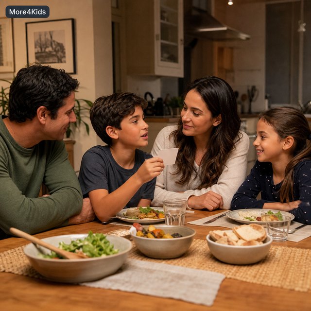 Family Dinner Ideas: 12 Low-Stress Meals for Busy School Nights 18 Family with school-age children using unbranded conversation cards around a relaxed dinner table