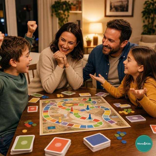 Parenting Tips for Encouraging Healthy Competition 16 Family with two school-age children laughing around an unbranded board game during a relaxed game night
