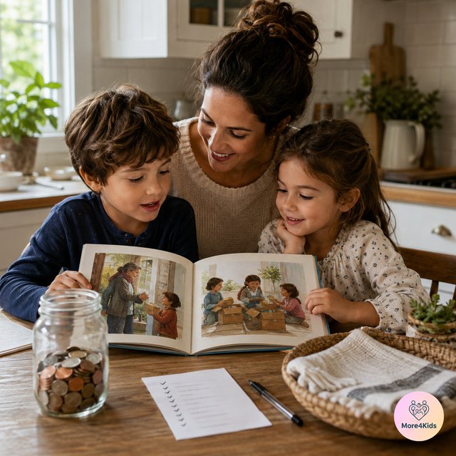 The Best Children's Charities to Donate to as a Family (Vetted, and Kid-Friendly) 15 A parent and two children reading about generosity beside a family giving jar