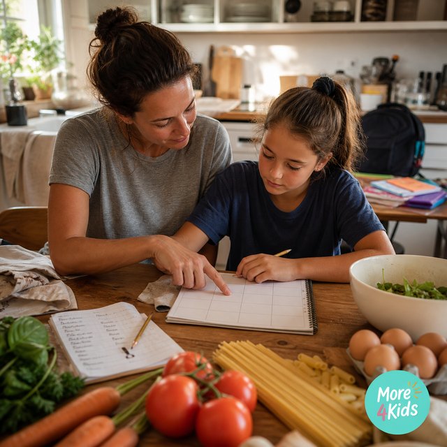 Family Dinner Ideas: 12 Low-Stress Meals for Busy School Nights 16 A parent and child planning simple family dinners together at the kitchen table.