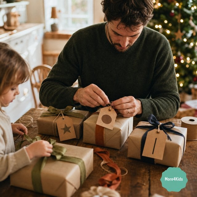 The 4 Gift Rule: How Want, Need, Wear, Read Actually Works in a Real House 16 Parent tying four simple category tags onto four wrapped Christmas gifts at a kitchen table