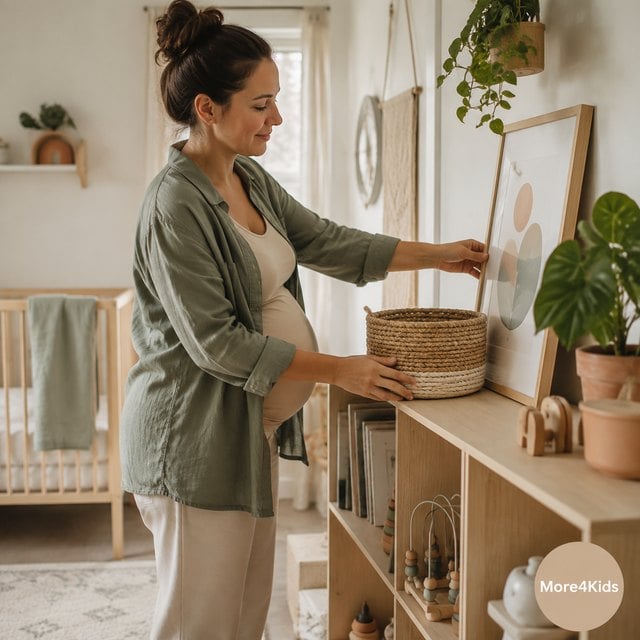 Gender Neutral Nursery Ideas: Simple, Calm Inspiration for a Room That Grows 16 Parent arranging calm gender-neutral nursery decor and woven storage