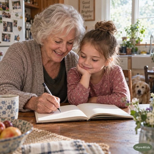 Gifts Grandparents Can Give That Parents Won't Resent 16 A grandparent and grandchild sitting together filling in a guided memory journal at a kitchen table