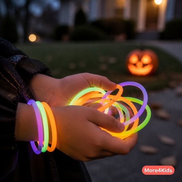 Halloween Costume Safety: What to Check Before You Buy 19 A child holding a bundle of glowing glow-stick bracelets at dusk on Halloween, several already worn on the wrist