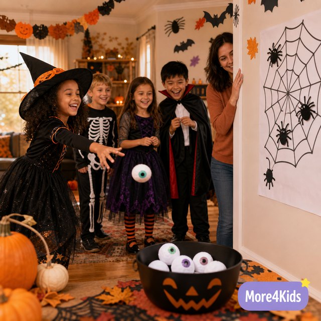 Classroom Halloween Party Ideas Teachers Approve: A Simple 45-Minute Plan 16 Children playing a friendly Halloween party game while a parent helps