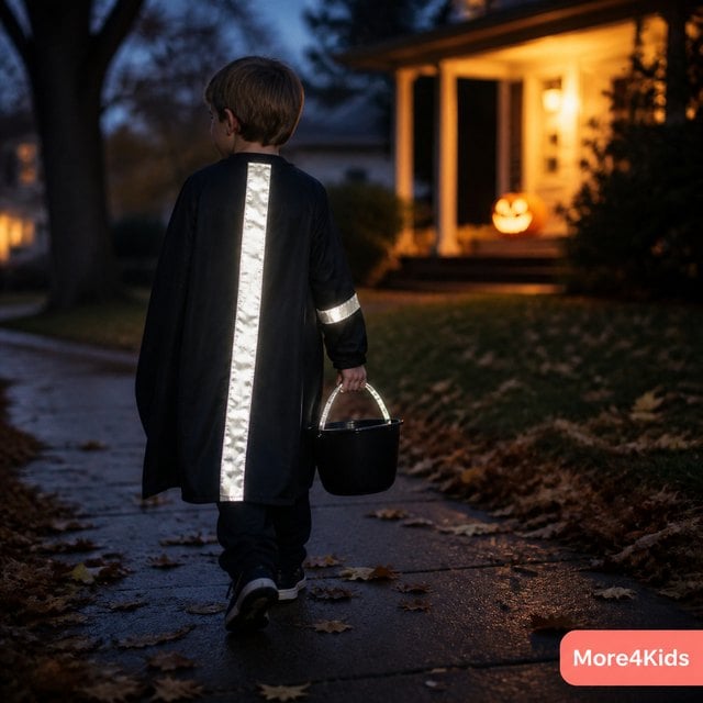 Halloween Costume Safety: What to Check Before You Buy 16 A child in a dark costume cape walking a sidewalk at dusk, with reflective tape down the cape and around the candy bucket handle catching the light