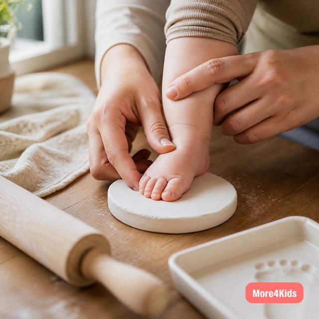 Baby Scrapbooking Ideas for Parents Who Will Never Finish a "Real" Scrapbook 20 A clay handprint keepsake casting kit laid out on a table with a baby's hand print pressed into the clay