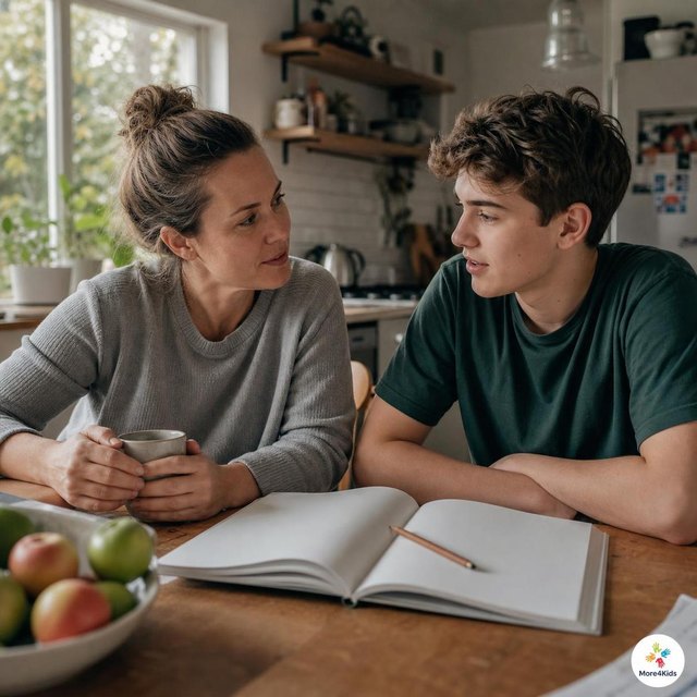 Teen Dating Violence Prevention Month 16 Parent and teenager having a calm conversation beside an open unbranded workbook at a kitchen table