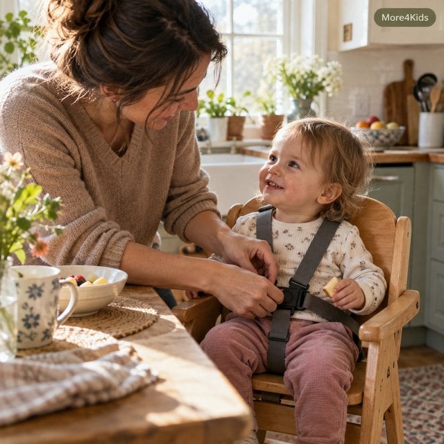 5 Tips To Help Prevent Highchair Injuries 17 A toddler securely strapped into a highchair with a 5-point harness at a kitchen table