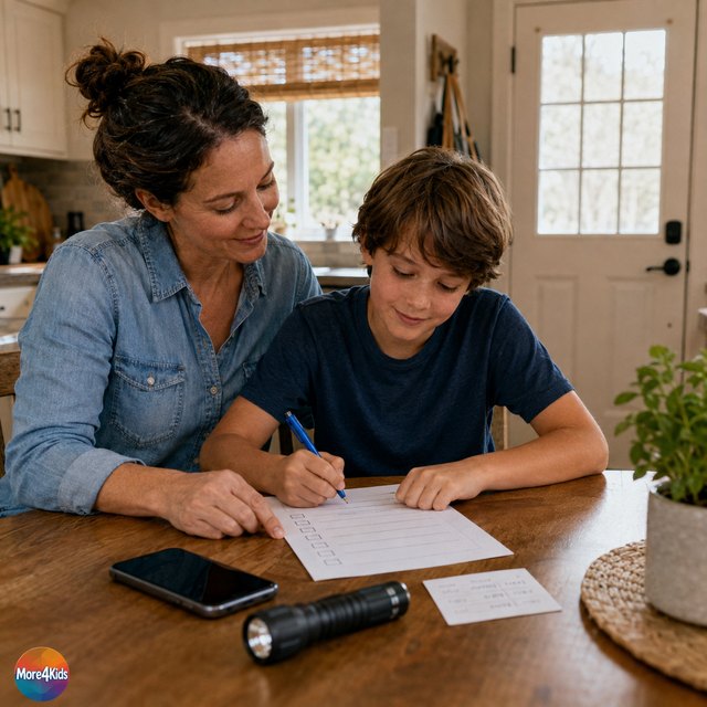 Home Alone Rules for Kids: Simple Safety Steps Parents Can Feel Good About 16 Parent and school-age child practicing a home-alone safety checklist together at a kitchen table