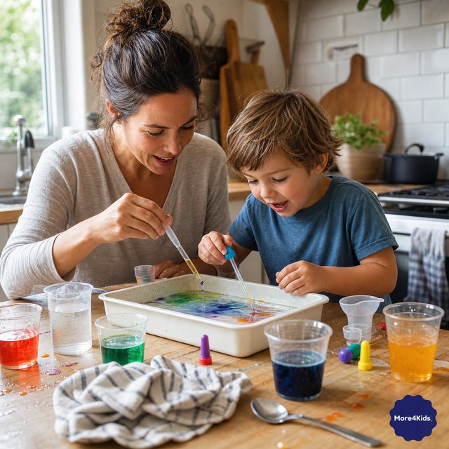 Easy Science Experiments for Kids: Simple, Joyful Fun at Home 16 Parent and young child using unbranded measuring cups and droppers for a colorful kitchen-table science activity