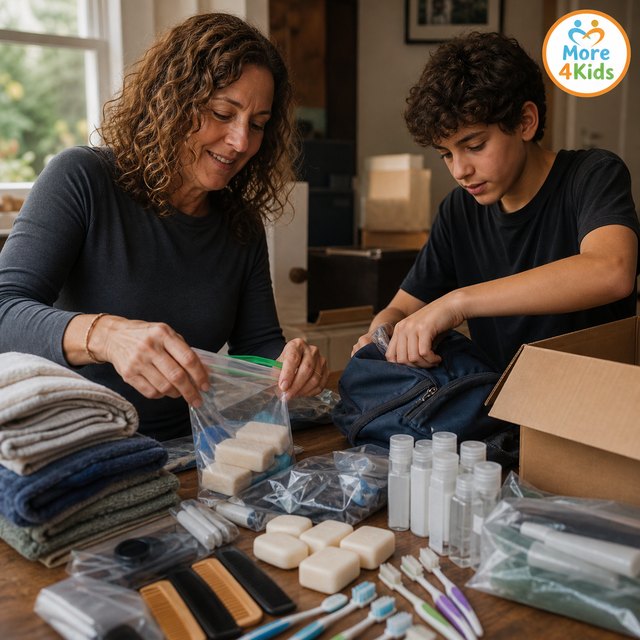Teen Homelessness in America: What the 2025 Data Actually Shows (and What's Still a 10-Year-Old Statistic) 16 A parent and teen assembling unbranded hygiene donation kits at a dining table.